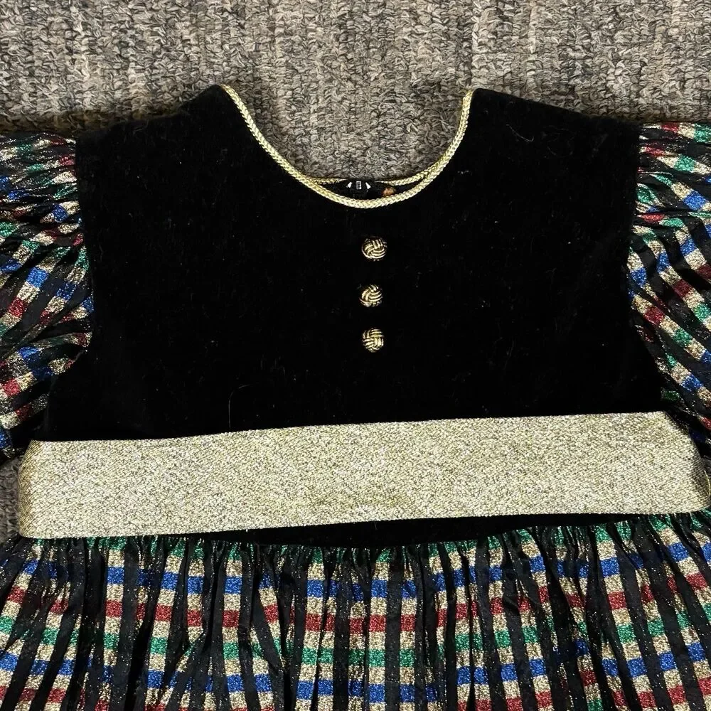 Vintage Sylvia Whyte Girls Holiday Plaid Black Velvet Dress Gold Belt Size 4 - Picture 3 of 9